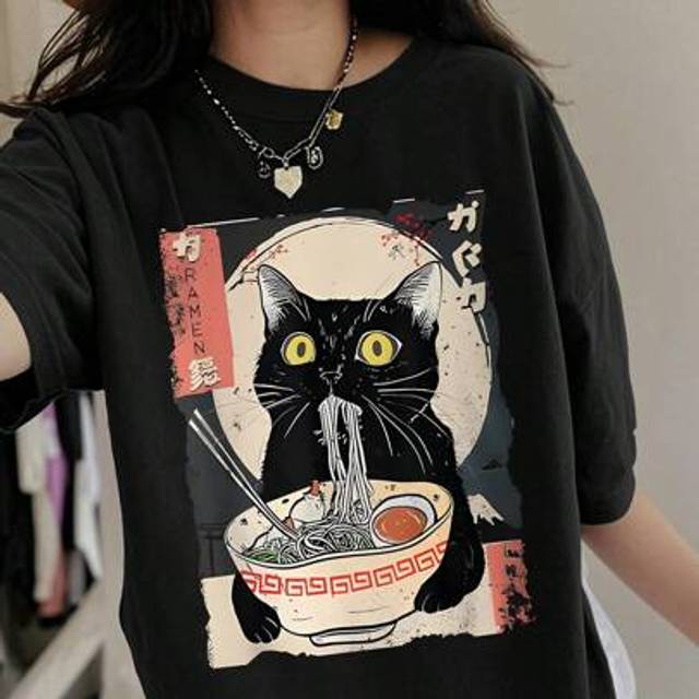 SHEIN Teen Girl Cartoon Cat And Ramen Graphic Short Sleeve T-Shirts, Summer