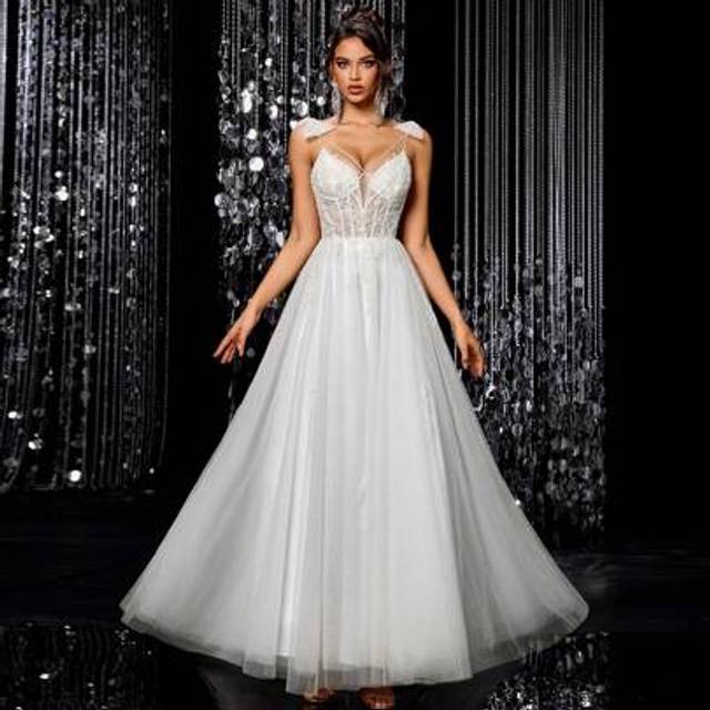 SHEIN LVNES White Long Elegant Vintage Wedding Dress, Exquisite Bow Straps, Beaded Appliques, A-Line Trailing Bridal Gown
