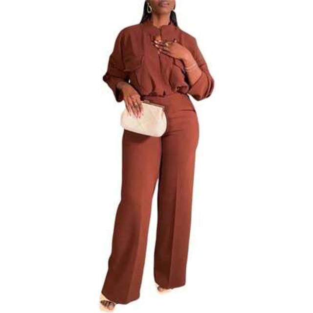 SHEIN Women Elegant Plus Size Pants Suit,Long Sleeve V-Neck Shirt With Wide Leg Pants Formal Suit Office Outfit Sets