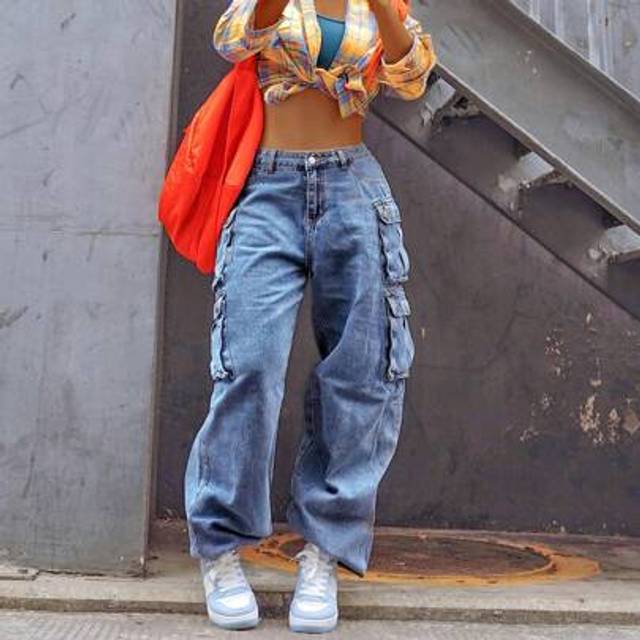 SHEIN Stylish Vintage Chic Y2K Cargo Pants - High-Waisted, Wide-Leg, Pocketed, Comfortable, Casual, Street-Stylish Denim Trousers For The Curvaceous Woman