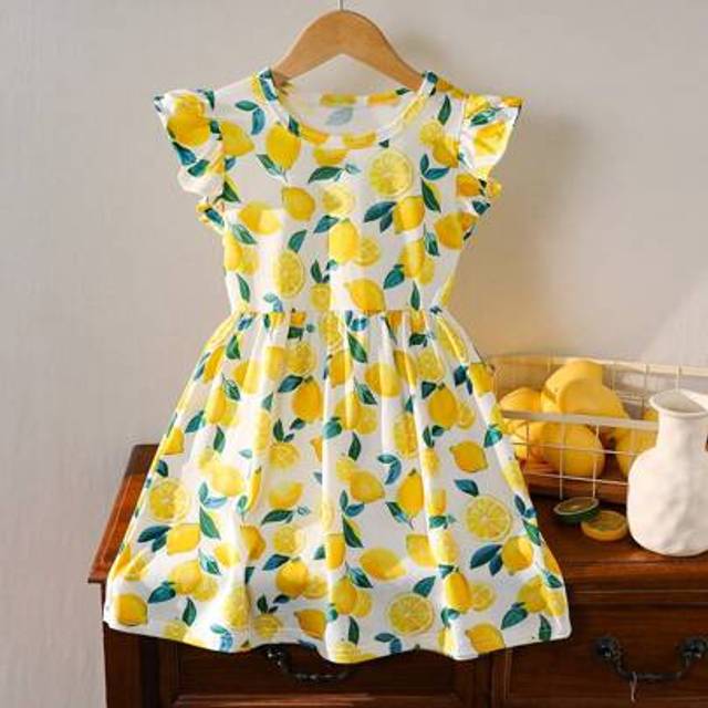 SHEIN 1pc Girls Fruit Lemon All-Over Print Cap Sleeve Dress, Spring/Summer