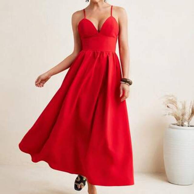 SHEIN Vintage Red Spaghetti Strap Corset Woven Poplin Voluminous Midi Dress Women Summer Dress