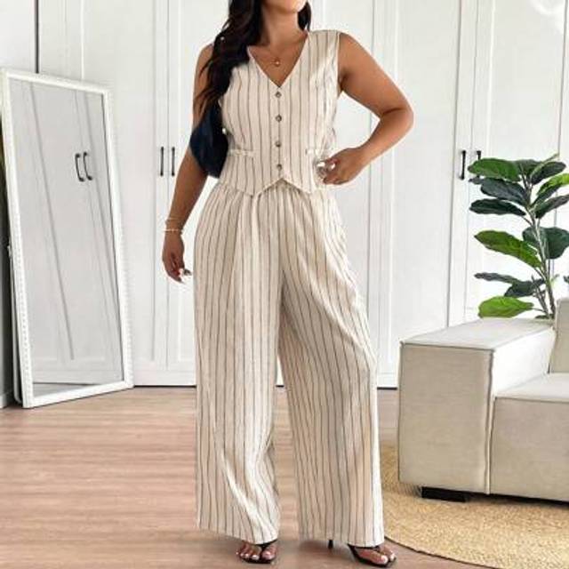 SHEIN Plus Size Striped Vest And Pants Suit, Minimalist Fashion Design Suitable For Summer