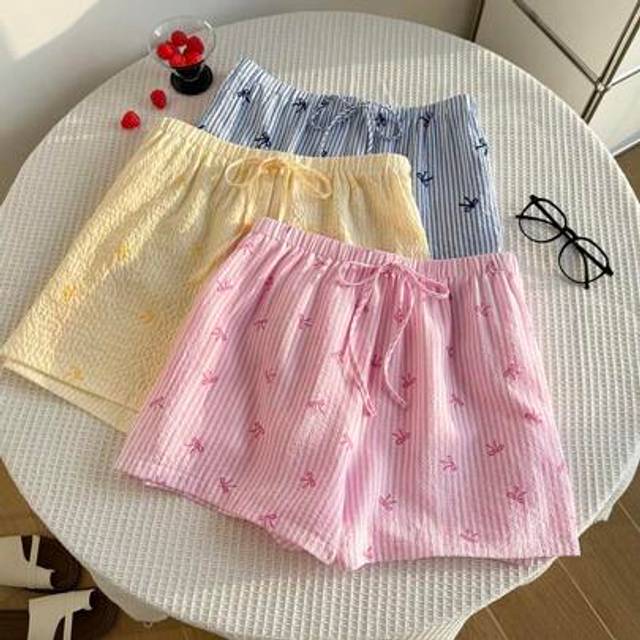 Comfortcana 3pcs/Set Plus Size Summer Casual Striped Bow Shorts, Pink/Blue/Yellow,Club Outfit,Airport Outfit For Women,Teacher Outfits For Women,Vacation Outfits