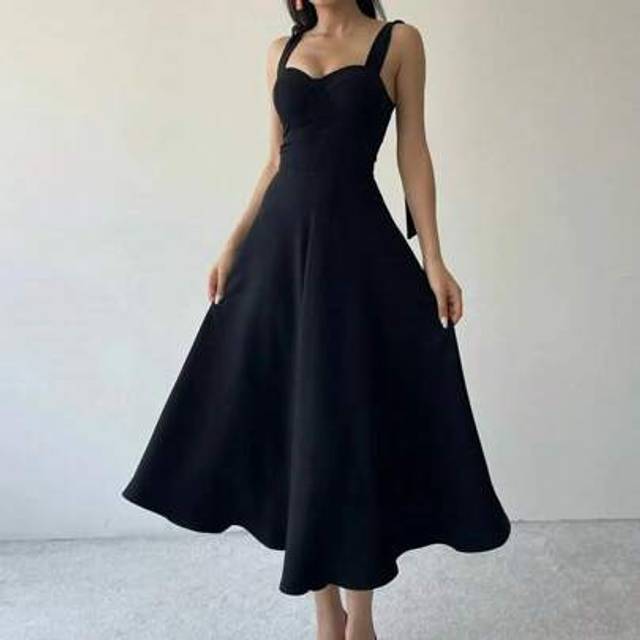 SHEIN Floreya Elegant French Style Black Camisole Cinched Waist Simple Casual Slim Midi Dress For Birthday Party
