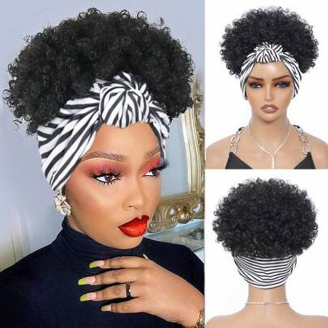 SHEIN Curly Wigs For Women Headband Wig Half For Women Short Black Wig With Headband Attached Scarf Wigs With Stripe Turban Wrap Wig Short Kinky Deep Jerry