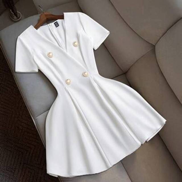 Franclia Women&#39;s Elegant White Cross-Wrap Double-Breasted Short Sleeve Cinched Waist Mini Dress, Summer