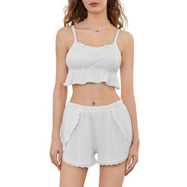 SHEIN Women Pajamas Set 2 Pieces Loungewear Suits Lace Patchwork Camisoles Tank Tops Elastic Waist Shorts Sleepwear Outfits