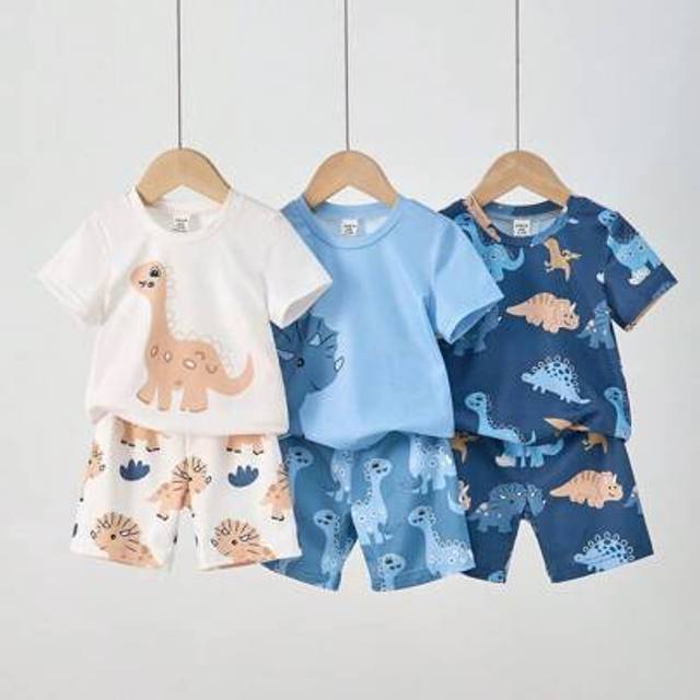 SHEIN 6pcs/Set Baby Boy Cartoon Dinosaur Print Soft Round Neck Shirt And Shorts Casual Homewear Set, Summer Outfit Mother Day Gift Graduation Gift Summer Cl
