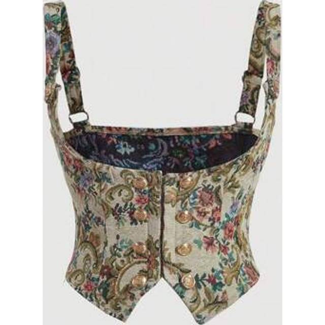 SHEIN Vintage Jacquard Spaghetti Strap Corset With Double Buckle, Plus Size Women&#39;s Bustier