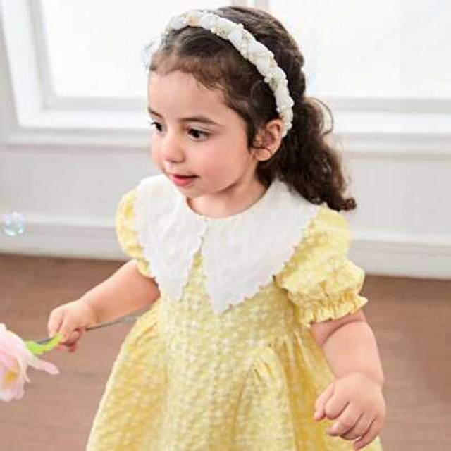 SHEIN Babygirl Cute Elegant Yellow Floral Texture Collar Short Sleeve Summer Vacation Dress