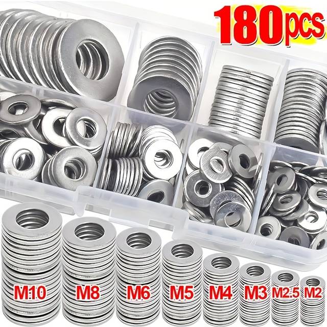 TEMU 180pcs Stainless Steel Flat Washers Assortment Kit - Durable Metal Hardware For Diy, , Automotive, Plumbing - Corrosion-resistant, Washers Set