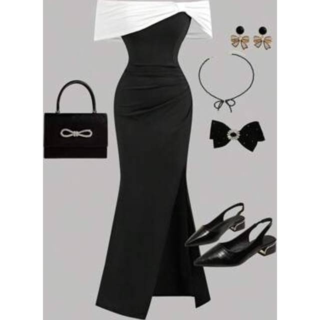 SHEIN Teen Girls&#39; Elegant & Cute Black & White Knit Off Shoulder Long Form-Fitting Dress, Suitable For Spring, Summer, Autumn, Winter, Parties, Gatherings,