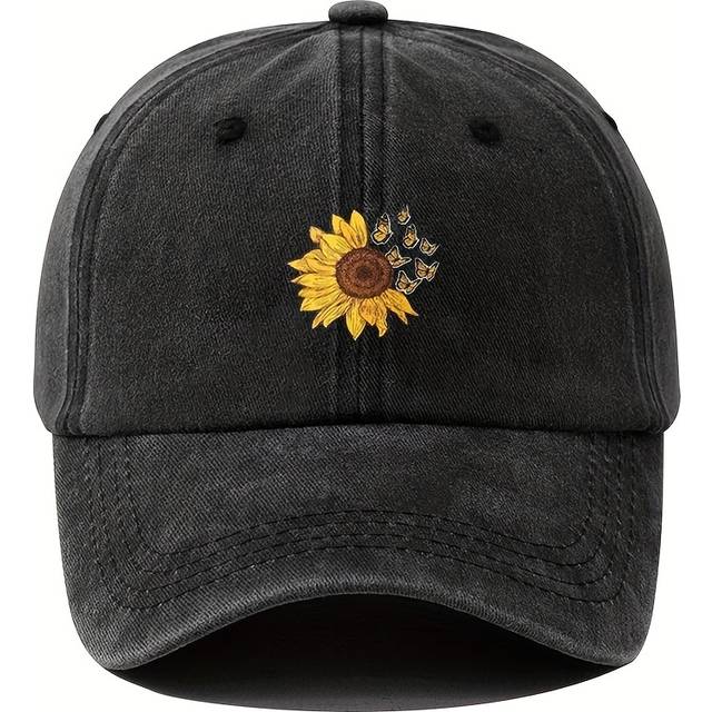 TEMU 1pc Unisex Sunshade Washed Distressed Baseball Cap With Sunflower Pattern For Outdoor Sport, For Gifts