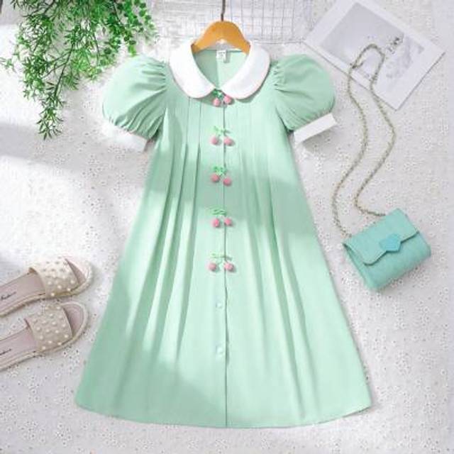 SHEIN Plus Size Girls Yellow Fashion & Elegant Dress Mint Green Dress For Girls Peter Pan Collar Dress Sage Girl Dress