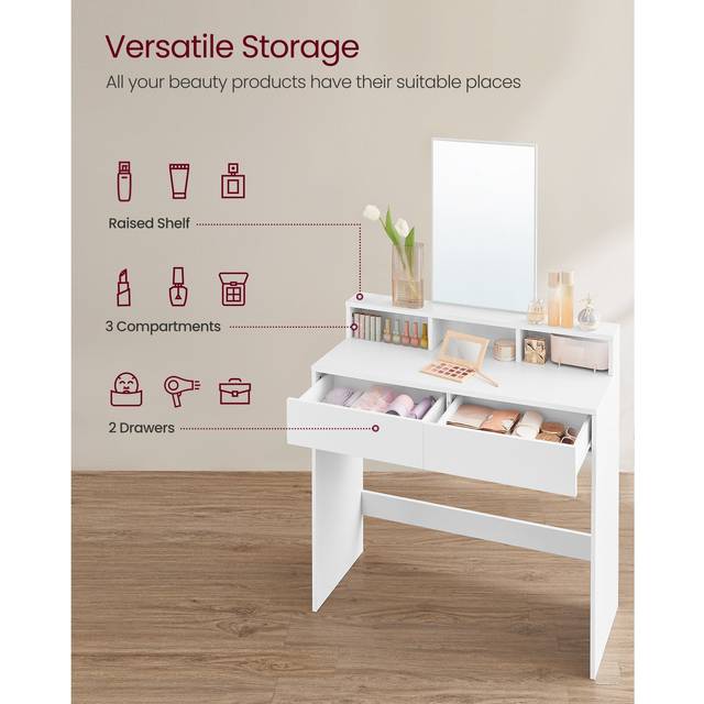 TEMU Dressing Table With Large Rectangular Mirror, Vanity Table With 2 Drawers And 3 Open Compartments, Vanity Table, , White,holiday Gifts For