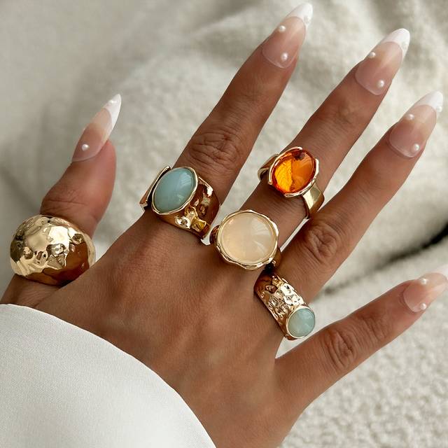 TEMU 5pcs Irregular Wide Band Ring For Women, Retro Style, Versatile Design, Alloy With Rhinestones, Suitable For Daily And Gift Occasions, Summer Season