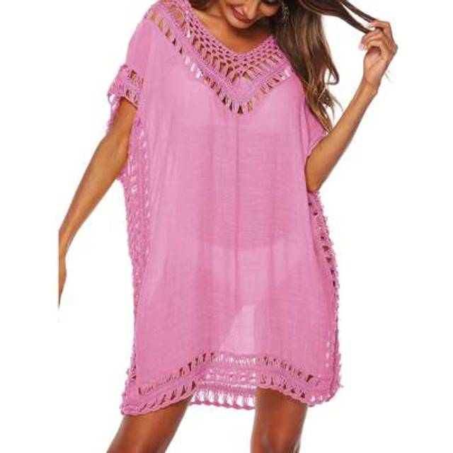 SHEIN Women Swimsuit Cover Ups, Solid Color Cutout Beachwear, V-Neck Short Sleeve Crochet Dress