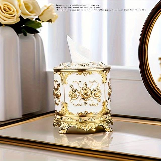 TEMU Elegant European-style Round Tissue Box Holder - Rotating, Unscrew Design For Easy - Ktv, Bars, Hotels & Restaurants - Plastic In White/blue