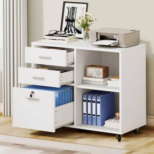 SHEIN Wood File Cabinet, 3 Drawer Mobile Lateral Filing Cabinet, Storage Cabinet Printer Stand With Lock For Home Office Organization, Office Furniture