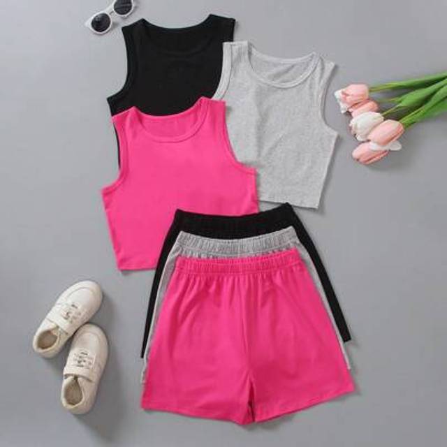 SHEIN 6pcs/Set Big Kids Girls Casual Summer Sports Style Solid Color Sleeveless Crop Top And Minimalist Shorts Set