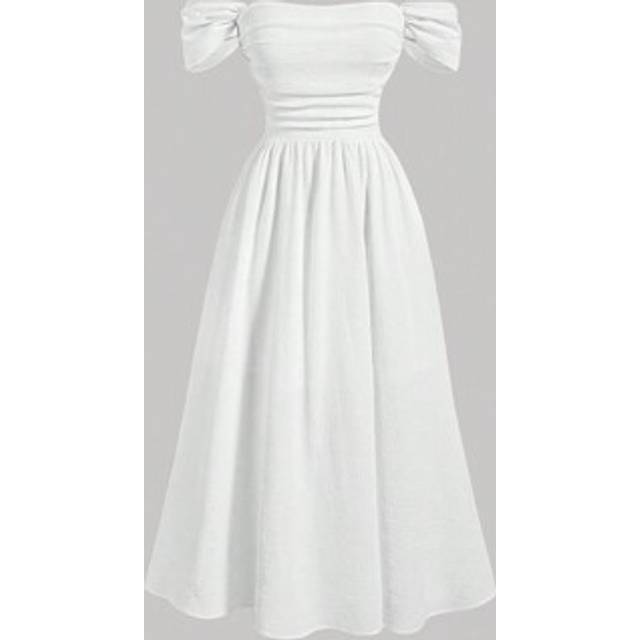 SHEIN White Ruffled Off Shoulder Romantic And Cute Summer Dress,White Graduation Dress
