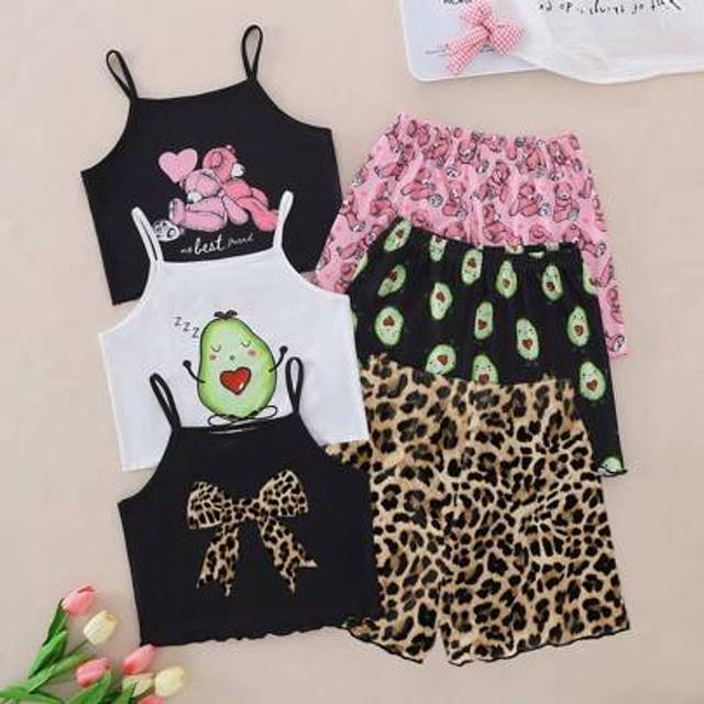 SHEIN 6pcs/Set Girl/Teen Cute Summer Fruit Bear & Leopard Print Camisole & Shorts Pajama Set Backto SchoolFashion