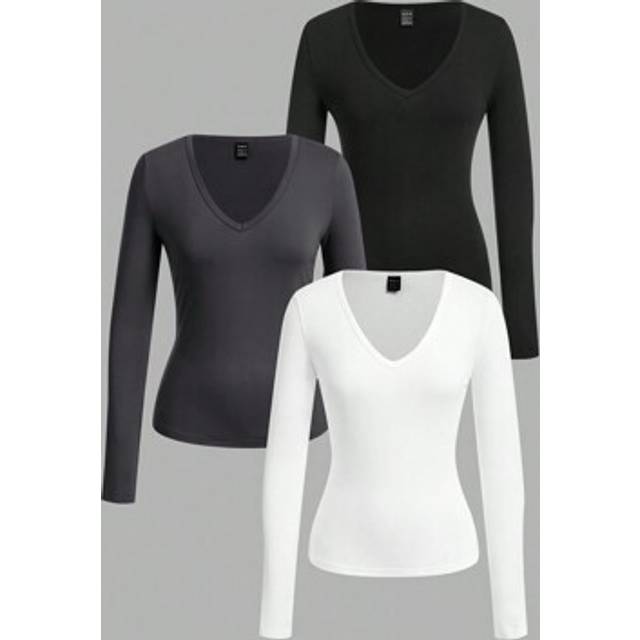 SHEIN 3pcs Set Women Deep V-Neck Skinny Casual Long Basic Long Sleeve T-Shirt Tops & Suit, Suitable For Autumn/Winter