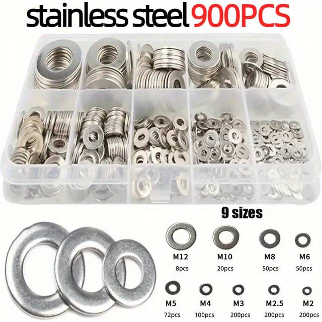 TEMU 900pcs, Stainless Steel Washer Plain Washer Kit Screw Fastener Hardware Assortment Accessories M2/m2.5/m3/m4/m5/m6/m8/m10/m12