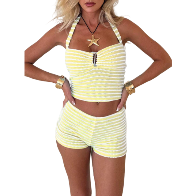 SHEIN 2Pcs Set Knit Striped Contrast Color Resin Decor Halter Top And Shorts Beach Outfit