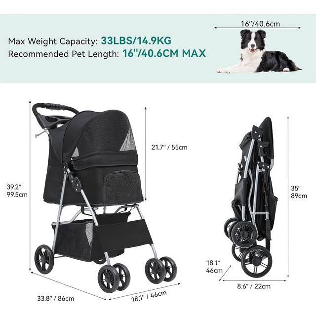 TEMU Pet Dog Stroller For Small To Medium Dogs, 4-wheel Outdoor Dog Pushchair With Storage Basket, Foldable Pet Travel Carriage With Cup Holder & Storage Basket