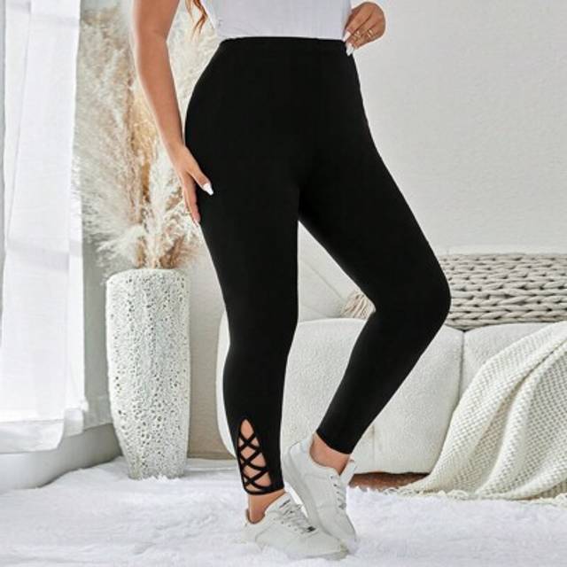 Luneh Plus Size Hollow-Out Solid Color Fitness Leggings, Perfect For Sport Outfits Gym Women Clothes