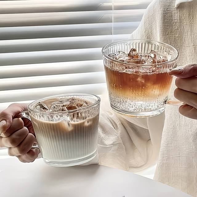 TEMU 2pcs Ribbed Glass Mugs With Handles - Versatile For Coffee, Tea, Juice & Milk - Ideal For All & Social Gatherings, Coffee Mug
