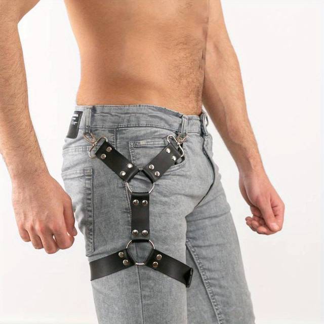 TEMU 1pc Men' Style Leather Harness Garter Belt, Adjustable Square Iron Crotch Chain, Fashion Accessory For Casual Wear