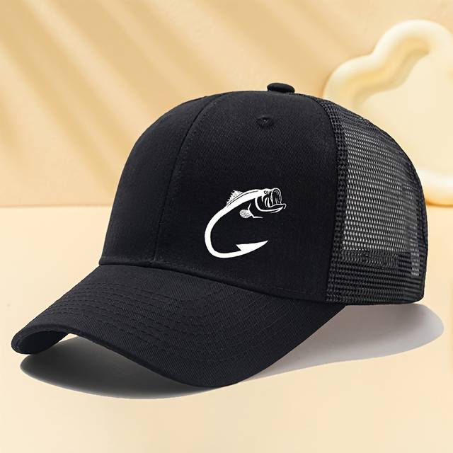 TEMU Fish Print High-end Mesh Baseball Cap Outdoor Vacation Camping Casual Adjustable Size Duckbill Hat Men's Baseball Cap