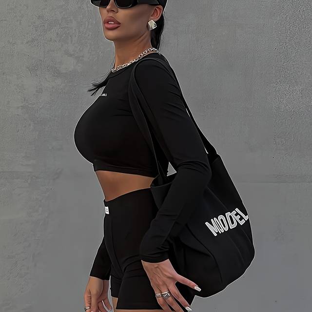 TEMU [elegant Style] Women's Casual Athletic Tracksuit Set - Sleek Black Long-sleeve Top & High-waist Shorts, Polyester, Machine Washable - Spring/summer/fall
