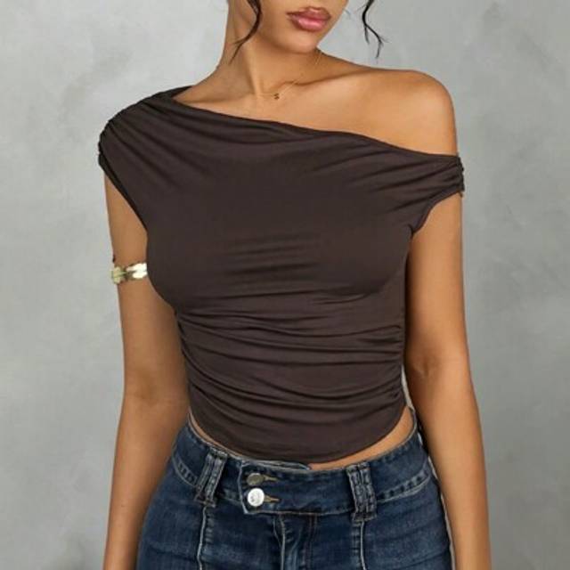 SHEIN Women&#39;s Solid Color Ruffled Asymmetric Shoulder Summer Top
