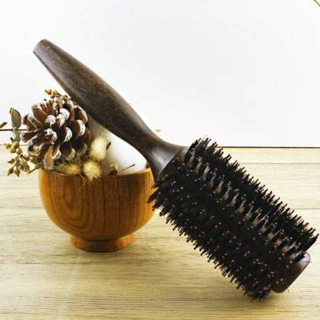 SHEIN 1pc Black Horse Hair Wooden Roller Brush, Salon Hair Styling Tool For Women, Home Use Bangs Inner Curling & Straightening