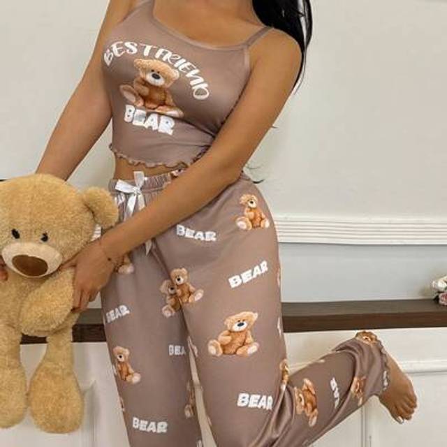 SHEIN 2pcs Cute Bear Print Camisole & Pants Pajama Set Bear Pajama Set Brown Pajama Set Women Cute Pajama Set Women Tank Top Pajama Set Women Teddy Bear Paj