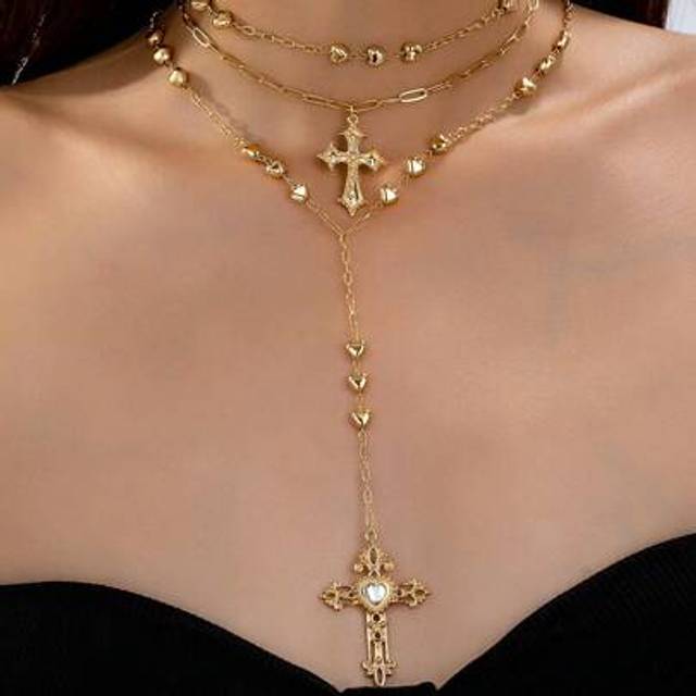 SHEIN 1 Pc Golden Color Heart Chain Cross Necklace Y Chain Pendant Necklaces Layering Necklaces Set Cross Jewelry