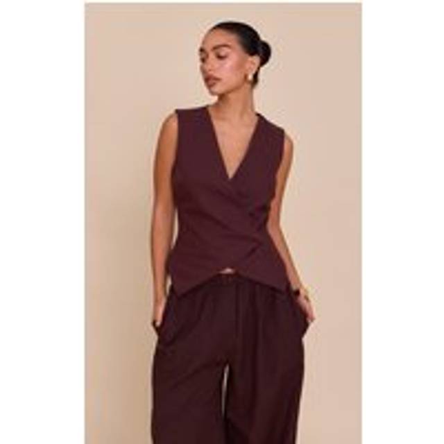 Deep Chocolate Premium Linen Blend Button Asymmetric Waistcoat, Chocolate - 8