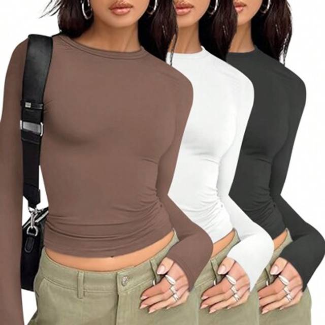 SHEIN 3pcs/Set Women Solid Color Crew Neck Long Sleeve T-Shirts, Slim Fit Casual Pullover Tops, Spring/Autumn