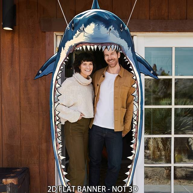 TEMU 2d Door Banner, 2d Shark Themed Party Banner Door Decoration Sea Animal Photo Backdrop Shark Door Cover For Shark Birthday Party Cute Birthday Party Photo Booth Props
