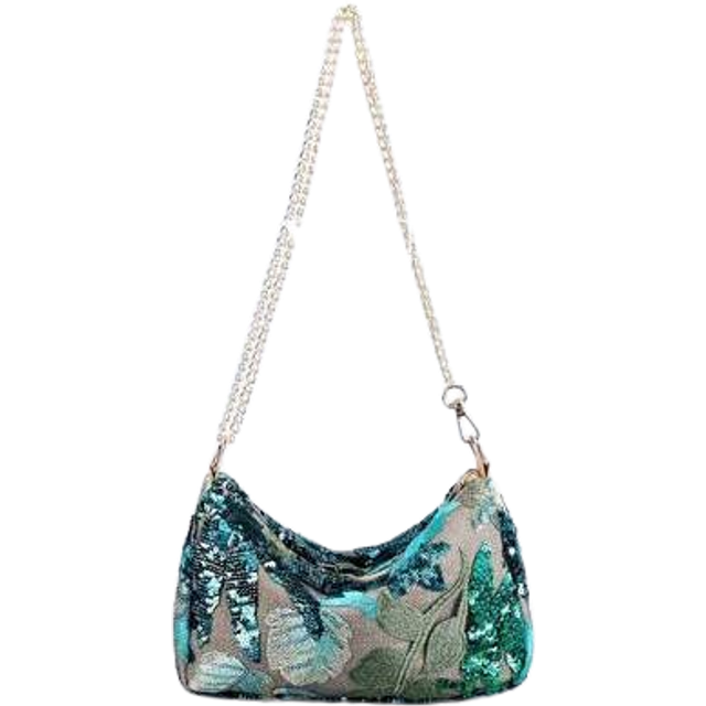 SHEIN Sequin Embroidery Chain Shoulder Bag, Classic Design Embroidery Floral Semicircle Crossbody Bag, Women&#39;s Fashion Color Contrast Sequin Stitching Zippe