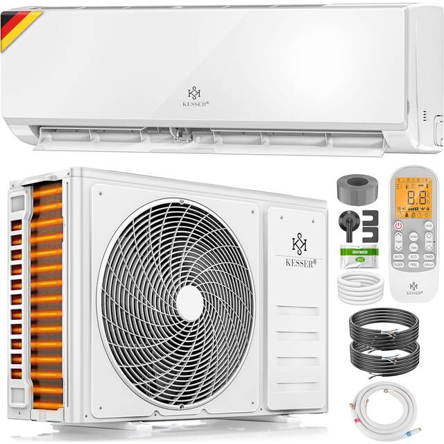 KESSER® Luftkonditionering-set med splitsystem – med WiFi/App-funktion – kylning A++/uppvärmning A+ – 12 000 BTU/h (3 400 watt), kylmedel R32 – fjärrkontroll, timerfunktion – inkl. komplett monteringsmaterial