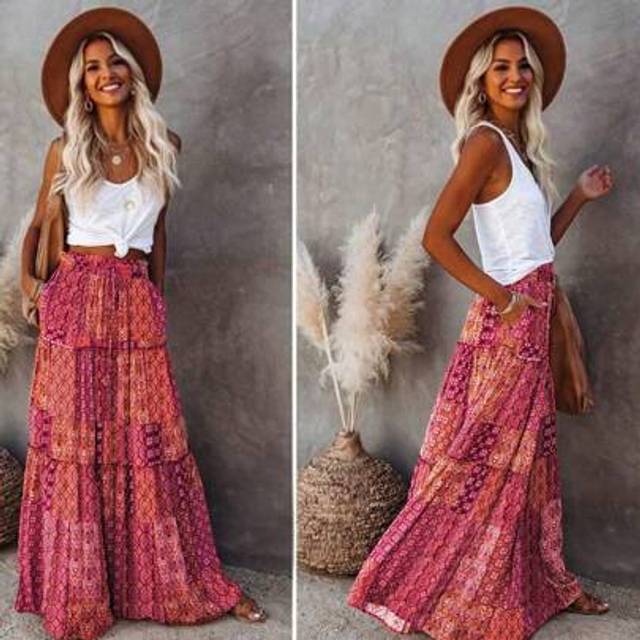 SHEIN Women&#39;s Loose Casual High Waist Skirt, Elegant Bohemian Style Color Block & Floral Print Patchwork Lace Hem Mid-Length Skirt, Spring & Summer