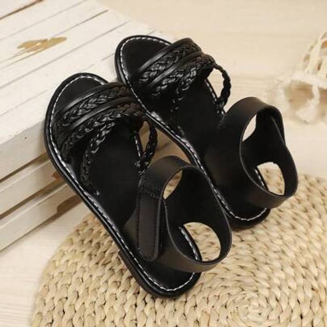 SHEIN 1 Pair Infant/Toddler Girls&#39; Woven Roman Sandals, Round Toe, Thick Elastic Strap Design, Flat & Comfy, Suitable For 3-12 Yrs Old, Casual Beach/Holiday