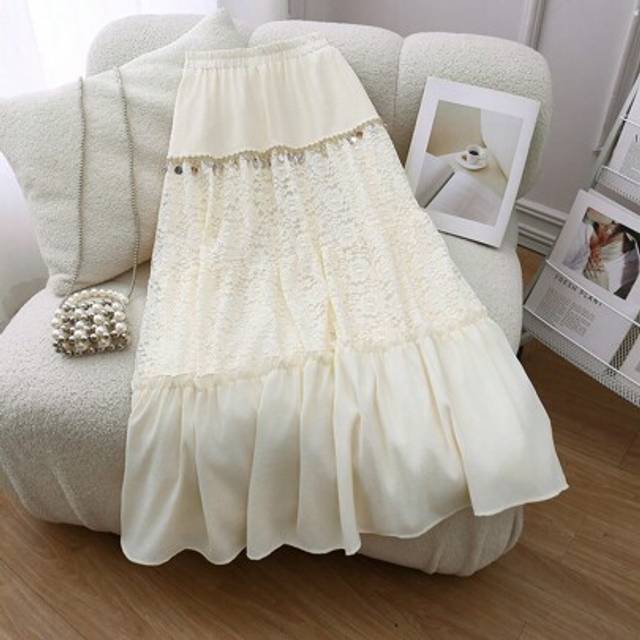 Franclia Women&#39;s Summer Bohemian Lace Patchwork Shell Sequin Decorated Elegant Long Beige Skirt