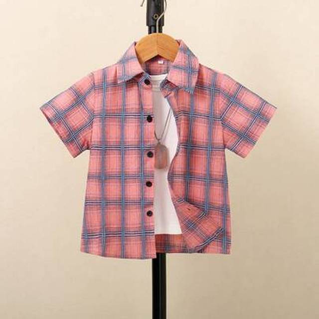 SHEIN Young Boy Plaid Short Sleeve Casual Collared Shirt For Spring/Summer