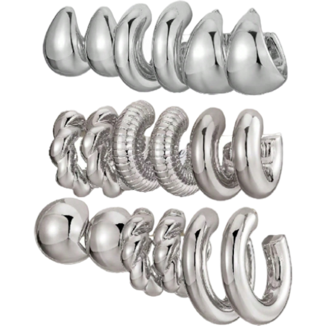 SHEIN 18pcs Fashion Silver Tone Block Twist C-Shaped Teardrop Earring Set, Everyday Wear, No Stone Stud Earrings, Suitable For All Seasons And Gifting